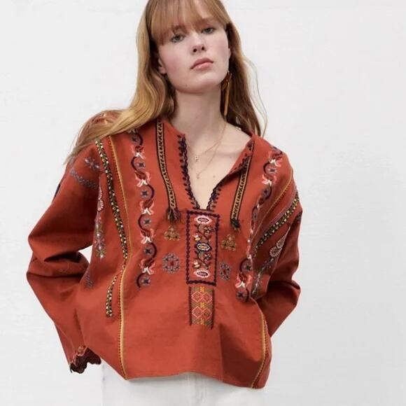 ZARA Embroidered Cotton Blouse in Terracotta Orange    Size: XS - Picture 1 of 6
